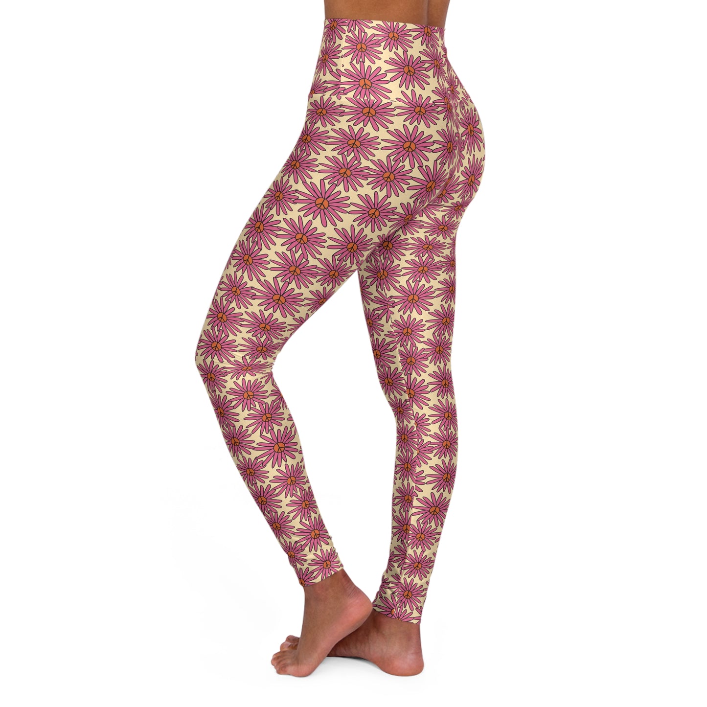 JoyJive™ high waisted leggings for women | Retro  "Daisy With Peace Symbol" Print