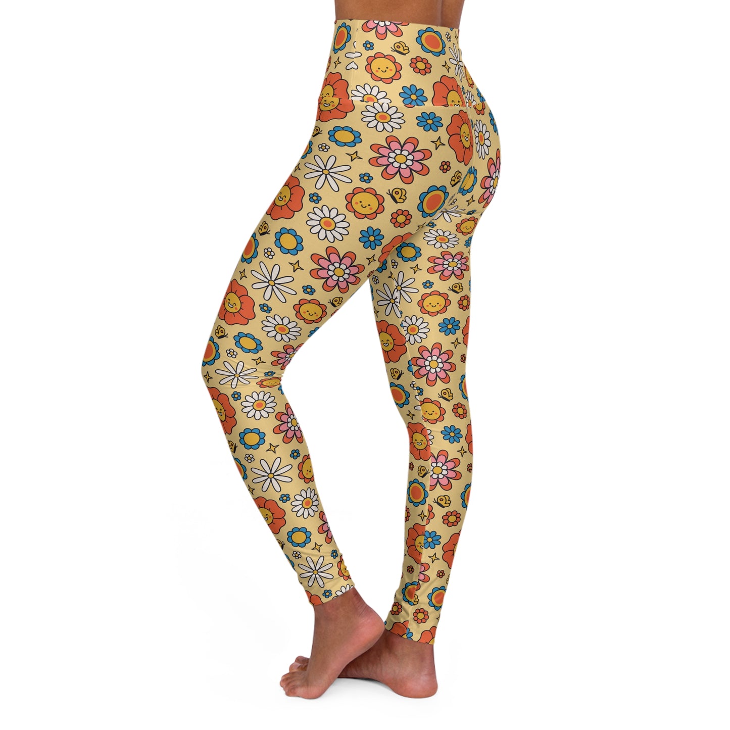 JoyJive™ high waisted leggings for women | Retro " Smiling Flowers" print