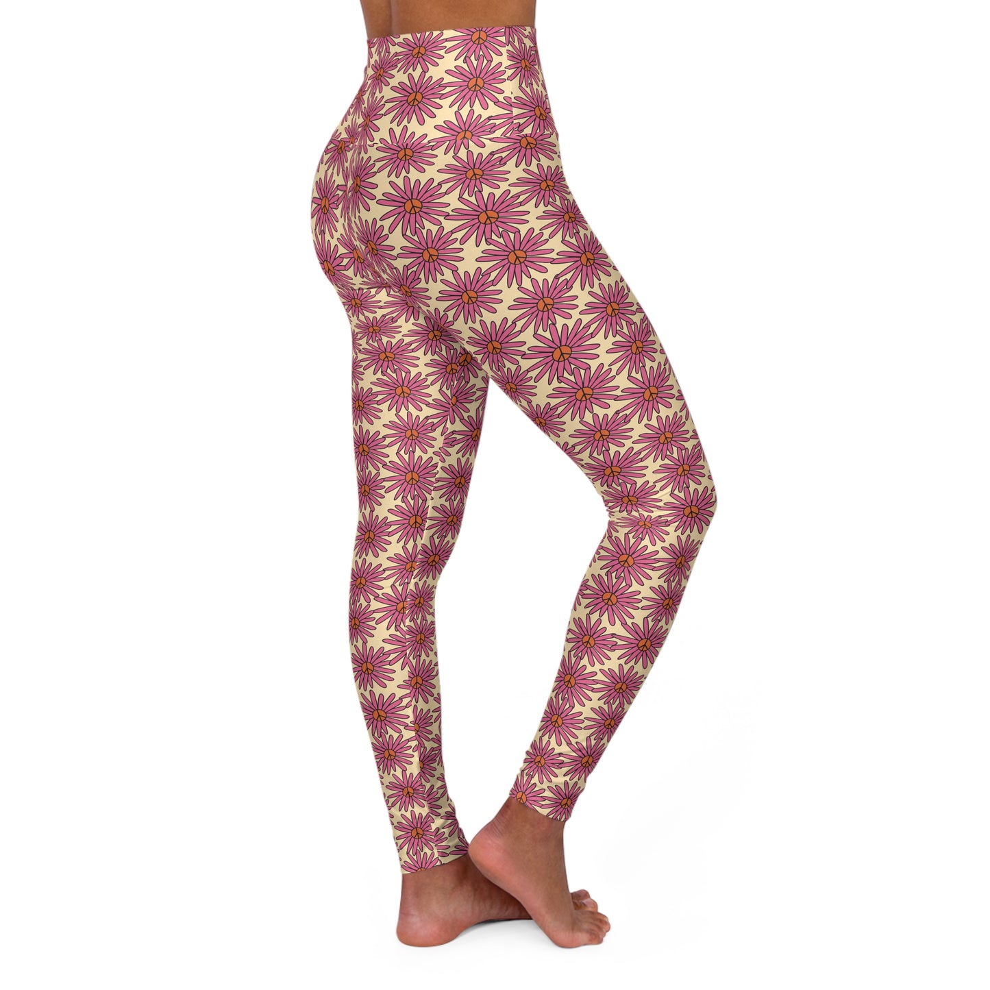 JoyJive™ high waisted leggings for women | Retro  "Daisy With Peace Symbol" Print