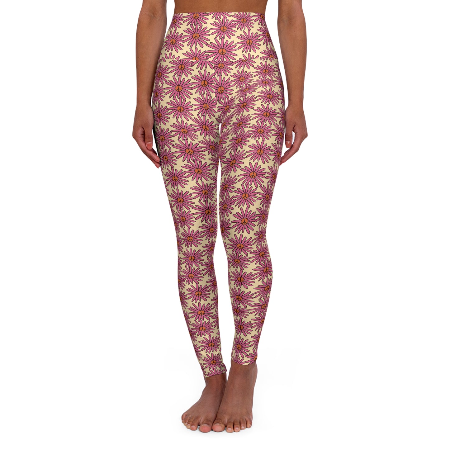 JoyJive™ high waisted leggings for women | Retro  "Daisy With Peace Symbol" Print