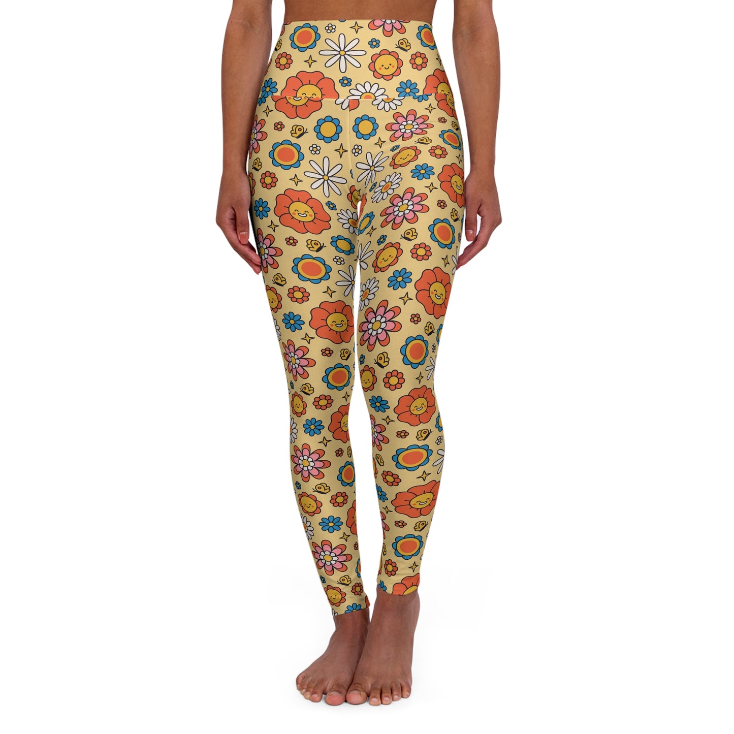 JoyJive™ high waisted leggings for women | Retro " Smiling Flowers" print